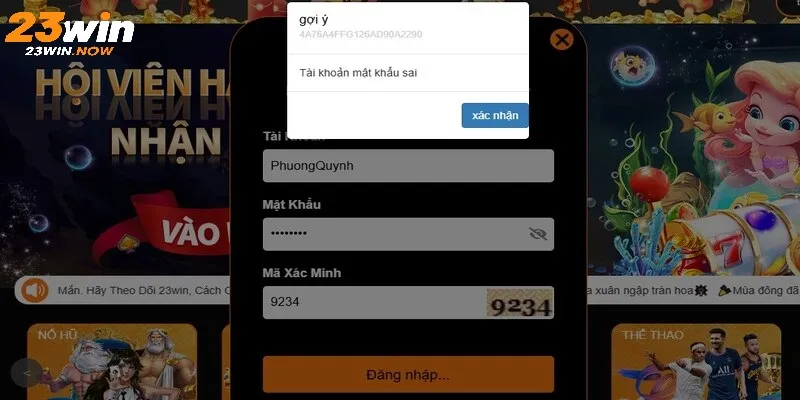 Thông tin không đúng dẫn đến sự cố đăng nhập 23Win